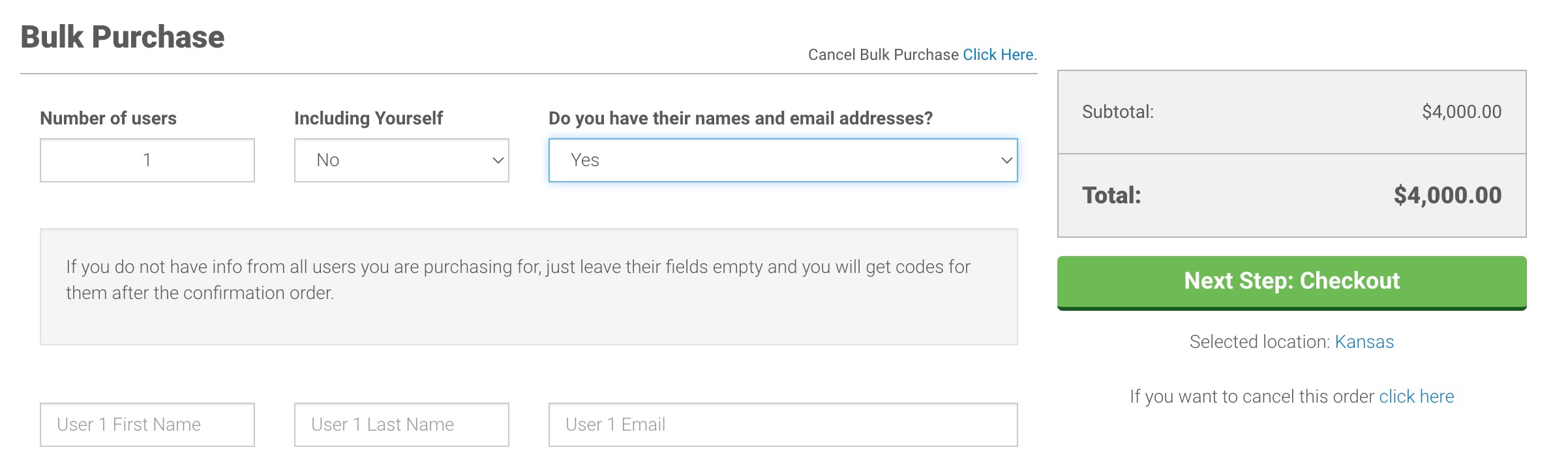 Image showing the Bulk Purchase page
