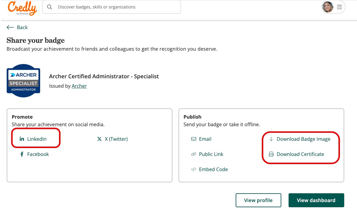 Image showing options for certification badge sharing