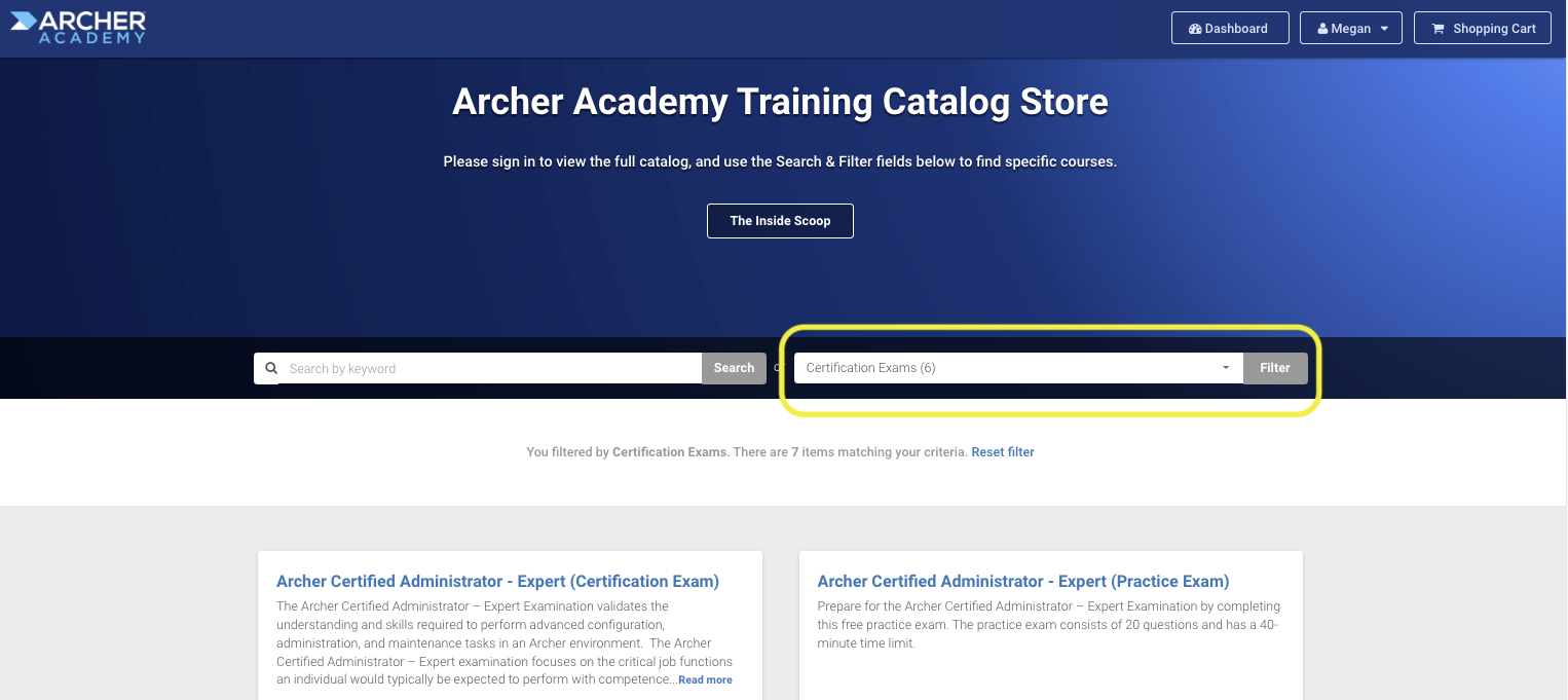 Image showing Certification Exams filter in Archer Academy Store